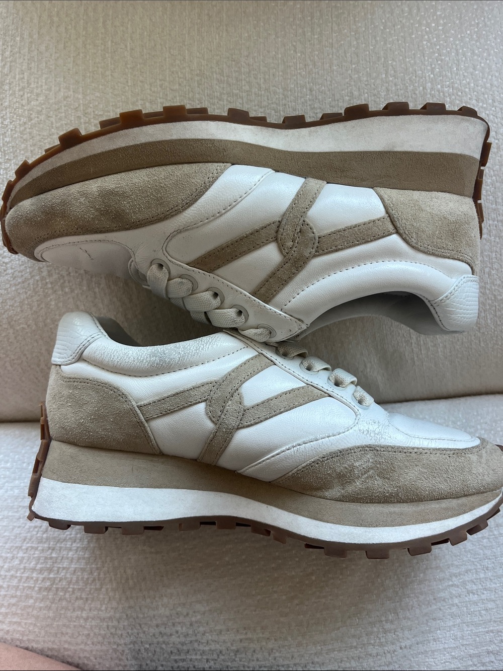 Veronica Beard White & Beige Suede-Trim Women's Sneakers